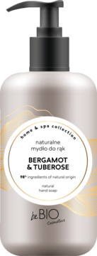 beBIO naturalne mydło do rąk Bergamot & Tuberose w beżowej butelce z czarną pompką, widok z przodu.