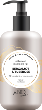 beBIO naturalne mydło do rąk Bergamot & Tuberose w beżowej butelce z czarną pompką, widok z przodu.