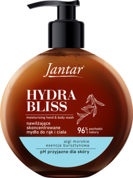 Jantar Hydra Bliss nawilżające mydło do rąk i ciała, brązowa butelka z pompką, widok z przodu, niebieska etykieta.