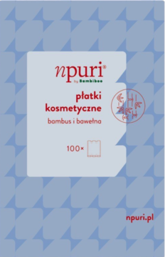 Jasnoniebieskie opakowanie npuri płatków kosmetycznych z bambusa i bawełny, 100 sztuk, z czerwonym napisem.