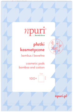 Npuri Bambiboo płatki kosmetyczne z bambusa i bawełny, białe opakowanie z niebieskim wzorem, 100 szt., widok przód.