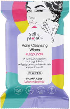 Selfie Project Acne Cleansing Wipes in a colorful pouch with a woman illustration, 5% AHA & Chamomile. Front view.