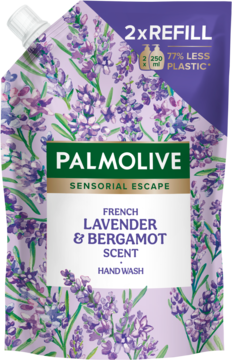 Fioletowa saszetka Palmolive Sensorial Escape lawenda & bergamotka, uzupełnienie mydła do rąk, widok z przodu, lekki kąt.