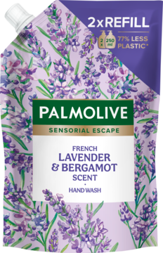 Fioletowe uzupełnienie Palmolive Hand Wash, lawenda i bergamotka, widok z przodu, z napisem 2xREFILL.