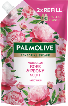 Front różowej saszetki Palmolive Sensorial Escape Moroccan Rose & Peony hand wash 2xREFILL, 77% mniej plastiku.