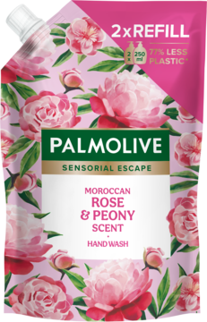 Różowa saszetka Palmolive Moroccan Rose & Peony mydło w płynie, wzór kwiatowy, napis 2xREFILL, z przodu.