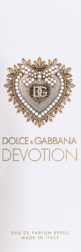 Białe opakowanie Dolce & Gabbana Devotion Eau de Parfum Refill, z przodu złote serce z perłami i logo DG.