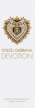 Zapas Dolce & Gabbana Devotion perfum na białym tle, złote serce z perłami i logo DG, widok z przodu.