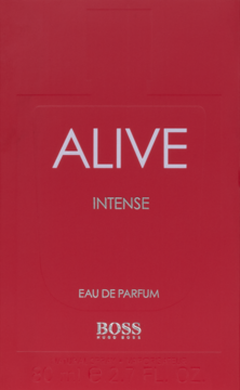 Boss Alive Intense Eau de Parfum w czerwonym, prostokątnym opakowaniu z białymi napisami, widok z przodu.