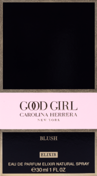 Good Girl Blush Elixir Carolina Herrera Eau de Parfum 30ml, eleganckie czarno-różowe opakowanie, widok z przodu.