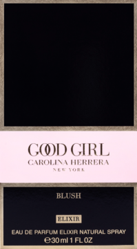 Opakowanie perfum Good Girl Blush Elixir 30ml, czarno-różowe z logo Carolina Herrera, widok z przodu.