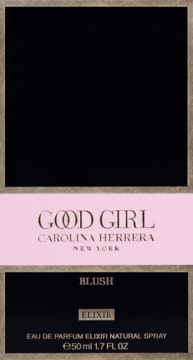 Eleganckie opakowanie perfum Carolina Herrera Good Girl Blush Elixir 50ml, czarno-różowe ze złotym tekstem, widok z przodu.