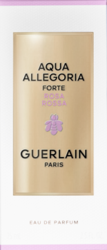 Guerlain Aqua Allegoria Forte Rosa Rossa woda perfumowana. Białe pudełko z beżową etykietą i liliowym logo pszczoły.