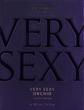Victoria's Secret Very Sexy Orchid EDP box, dark purple with embossed 'VERY SEXY' text & subtle ribbed texture. Front view.