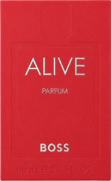 Czerwone matowe pudełko perfum Boss Alive Parfum 80ml, z wytłoczonym srebrnym napisem i kształtem flakonu.