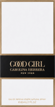 Good Girl Carolina Herrera Legere, białe pudełko ze złotymi detalami, czarnym pasem i złotymi napisami.