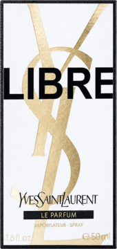 YSL Libre Le Parfum 50ml, eleganckie białe pudełko z czarnym napisem i złotym logo YSL, widok z przodu.