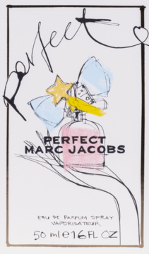 Białe pudełko perfum Marc Jacobs Perfect Eau de Parfum 50ml, z rysunkową butelką z gwiazdą i kokardami.