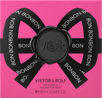 Różowe opakowanie perfum Bonbon Viktor & Rolf Eau de Parfum z czarną kokardą, widok z przodu.