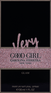 Perfumy Carolina Herrera Very Good Girl Glam 30ml w czarnym, brokatowym opakowaniu z różowym paskiem, widok z przodu.