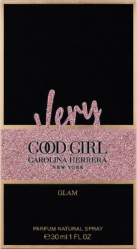 Front opakowania perfum Carolina Herrera Very Good Girl Glam 30ml: czarny kartonik z brokatowym różowym pasem i napisem 'Very'.
