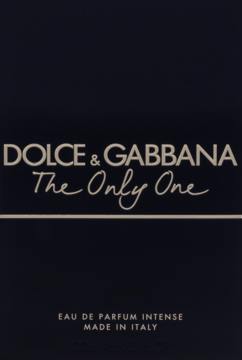 Ciemne, prostokątne opakowanie Dolce & Gabbana The Only One Intense Eau de Parfum ze złotymi napisami, widok z przodu.