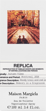 Maison Margiela REPLICA Autumn Vibes 100ml EDT, białe opakowanie z obrazem jesiennego lasu, widok z przodu.