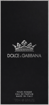Czarne pudełko perfum Dolce & Gabbana Pour Homme, z srebrnym logo korony i napisem EAU DE PARFUM, widok z przodu.