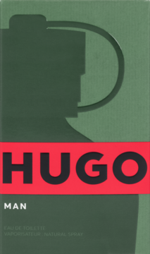 Zielone pudełko perfum Hugo Man z czerwoną opaską i białym napisem HUGO, widok z przodu, z cieniem flakonu.