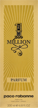 Złoty kartonik Paco Rabanne 1 Million Parfum 200 ml z promienistym wzorem i logo, widok z przodu.