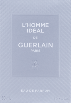Jasnoniebieskie pudełko perfum L'Homme Idéal de Guerlain, widok z przodu, z wytłoczonym logo i napisem Eau de Parfum 50 ml.