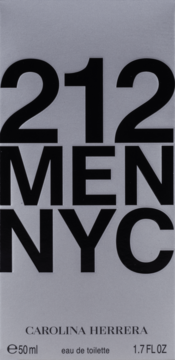 Szare pudełko perfum Carolina Herrera 212 Men NYC 50ml, widok z przodu z dużymi czarnymi napisami.