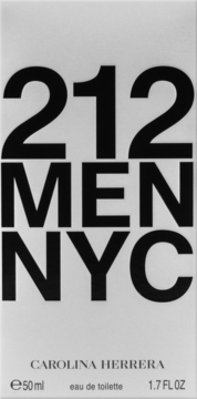 Białe pudełko męskiej wody toaletowej 212 MEN NYC Carolina Herrera 50ml, czarny napis, widok z przodu.