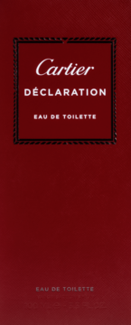 Pudełko Cartier Déclaration Eau de Toilette w kolorze czerwonym, z wytłoczoną teksturą i białymi napisami.