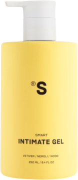 Żółty żel intymny Sister's Aroma Smart z pompką, widok z przodu, zapach wetywerii, neroli, drewna.
