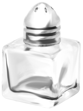 Szklana solniczka 5 cm, z błyszczącą, metalową zakrętką z otworami, widok z przodu na czarnym tle.