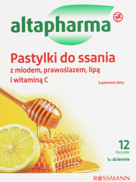 Białe opakowanie altapharma Pastylki do ssania z miodem, prawoślazem, lipą i witaminą C, widok z przodu.