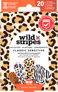 Pudełko plastrów Wild Stripes Classic Sensitive z leopardzim wzorem, przedstawiające plastry w zebrę i cętki.