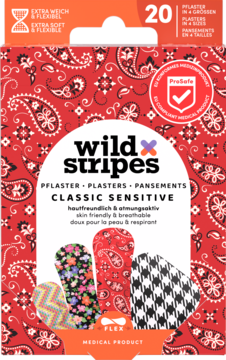 Czerwone opakowanie plastrów Wild Stripes Classic Sensitive, 20 szt., z motywem paisley i elastycznymi plastrami w różne wzory.