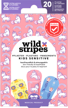Pink Wild Stripes Kids Sensitive plasters box, front view, showing unicorns, lion, and mermaid bandages.