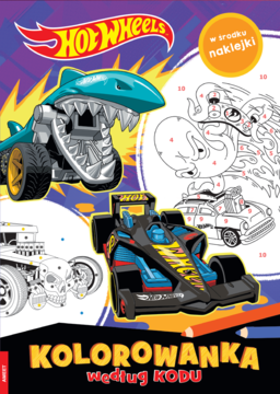 Kolorowanka Hot Wheels według kodu, okładka z rekinim autem, wyścigówką i napisem 'W środku naklejki'.