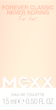 Mexx Forever Classic Never Boring For her 15ml EDT, opakowanie brzoskwiniowo-białe, widok z przodu.
