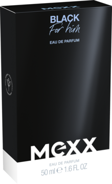 Czarne opakowanie Mexx Black For Him 50ml Eau de Parfum z białym dnem i eleganckimi napisami, ujęcie z przodu i boku.