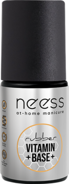 Neess Rubber Vitamin+ Base+ do paznokci, srebrna butelka z czarną nakrętką, widok z przodu.