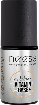 Neess Rubber Vitamin+ Base+ do paznokci, srebrna butelka z czarną nakrętką, widok z przodu.