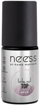 Neess Blend TOP NUDE hybrydowy lakier do paznokci w srebrnej butelce z czarną nakrętką, widok z przodu.
