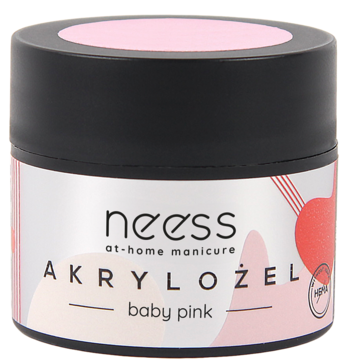Neess Akrylożel Baby Pink HEMA FREE, jasnoróżowy żel do manicure, w słoiczku z czarną zakrętką, z przodu.