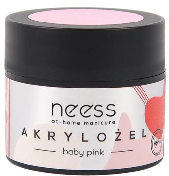 Neess Akrylożel Baby Pink HEMA FREE, jasnoróżowy żel do manicure, w słoiczku z czarną zakrętką, z przodu.