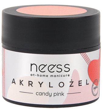 Akrylożel Neess Candy Pink, budujący żel do paznokci w czarnym słoiczku z różową zakrętką, widok z przodu.