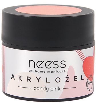 Akrylożel Neess Candy Pink, budujący żel do paznokci w czarnym słoiczku z różową zakrętką, widok z przodu.